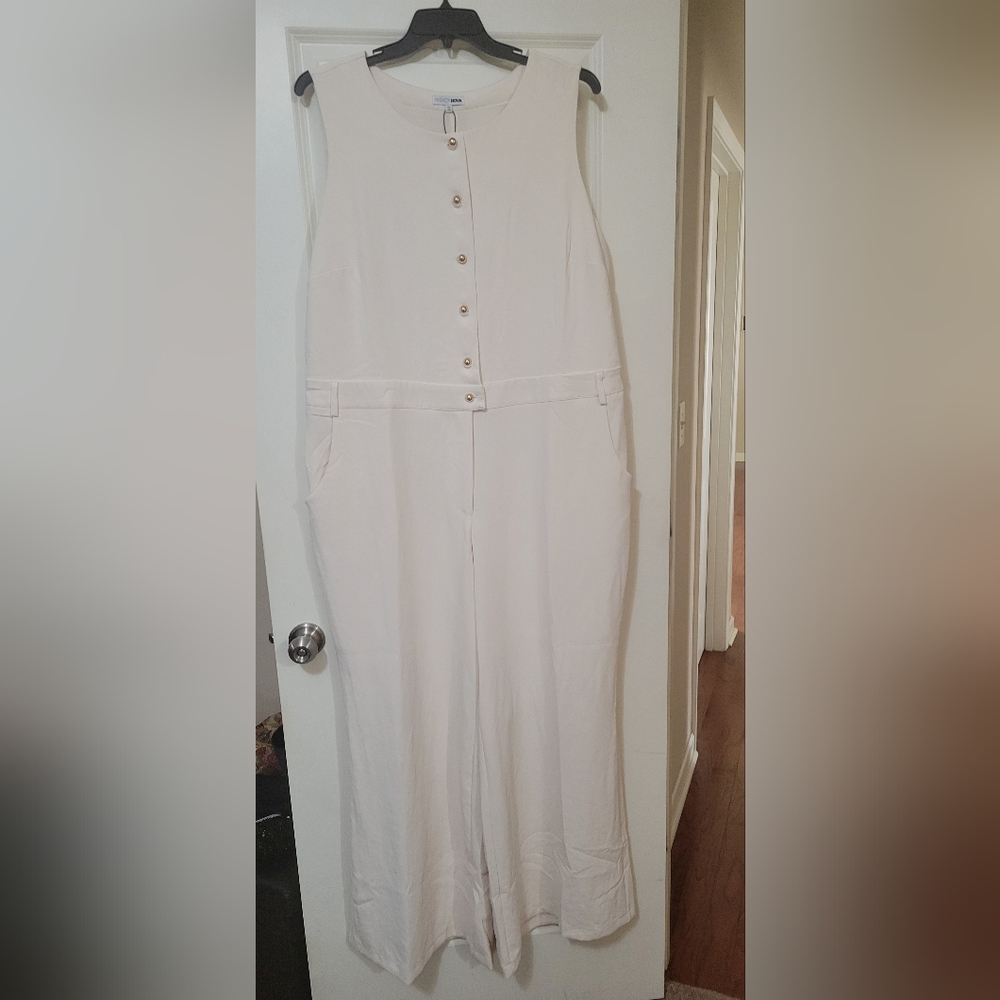 Fashion Nova Cream Jumpsuit with Gold Buttons